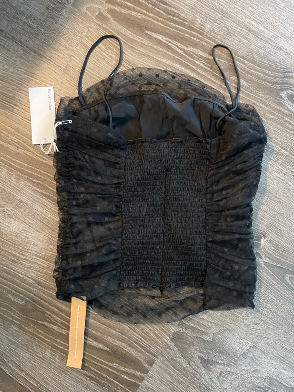 Reformation Amber Ruched Tulle Top Size 4 Black Polka Dot NWT - Picture 6 of 6